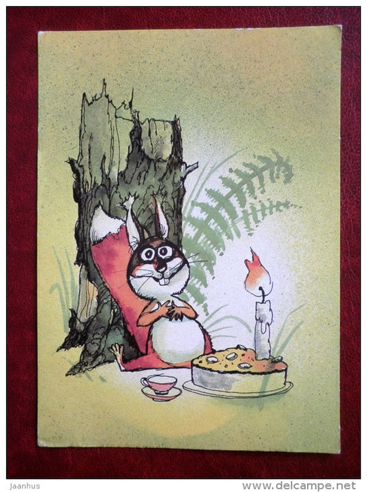 Greeting Card - by E. Valter - squirrel - candle - cake - 1987 - Estonia - USSR - used - JH Postcards