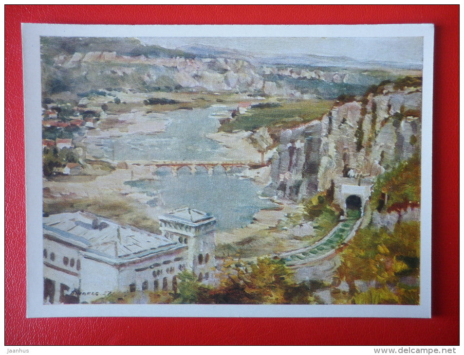 painting by Krum Dzhakov . Water Power Plant Reservoir - Bulgaria - 1964 - Russia USSR - unused - JH Postcards