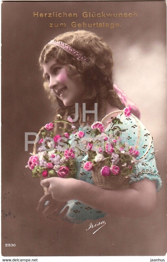 Birthday Greeting Card - Herzlichen Gluckwunsch zum Geburtstage - girl - Irisa 2930 - old postcard - 1914 Germany - used - JH Postcards