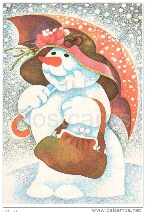 New Year Greeting card by Ü. Meister - 1 - snowman - umbrella - 1989 - Estonia USSR - used - JH Postcards