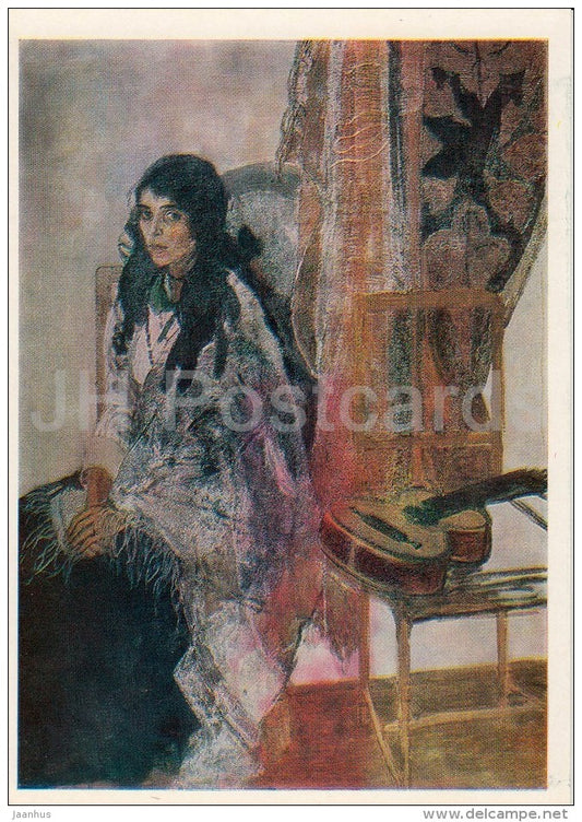 painting by A. Golovin - Gipsy Woman , 1911-13 - guitar - Russian art - 1985 - Russia USSR - unused - JH Postcards