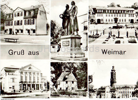 Gruss aus Weimar - Schillerhaus - Goethe Schiller Denkmal - Goethes Gartenhaus - Schloss - Germany DDR - used - JH Postcards