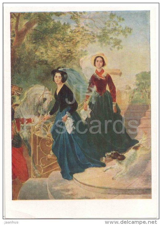 painting by Karl Bryullov - 1 - Portrait of sisters Shishmaryov , 1839 - dog - horse - russian art - unused - JH Postcards