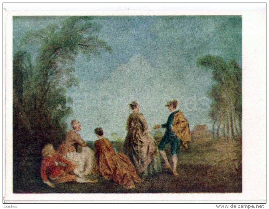 painting by Jean-Antoine Watteau - Embarrassing Proposal - women - man - french art - unused - JH Postcards