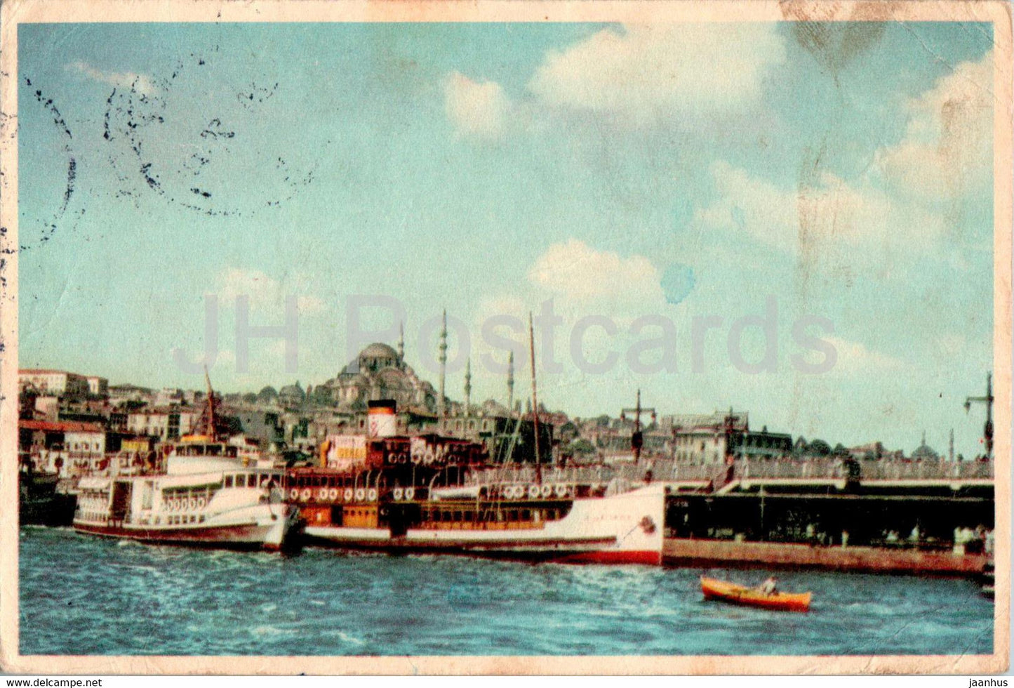 Istanbul - View of the Suleymaniye Mosque from Galata Bridge - ship - old postcard - 1959 - Turkey - used - JH Postcards