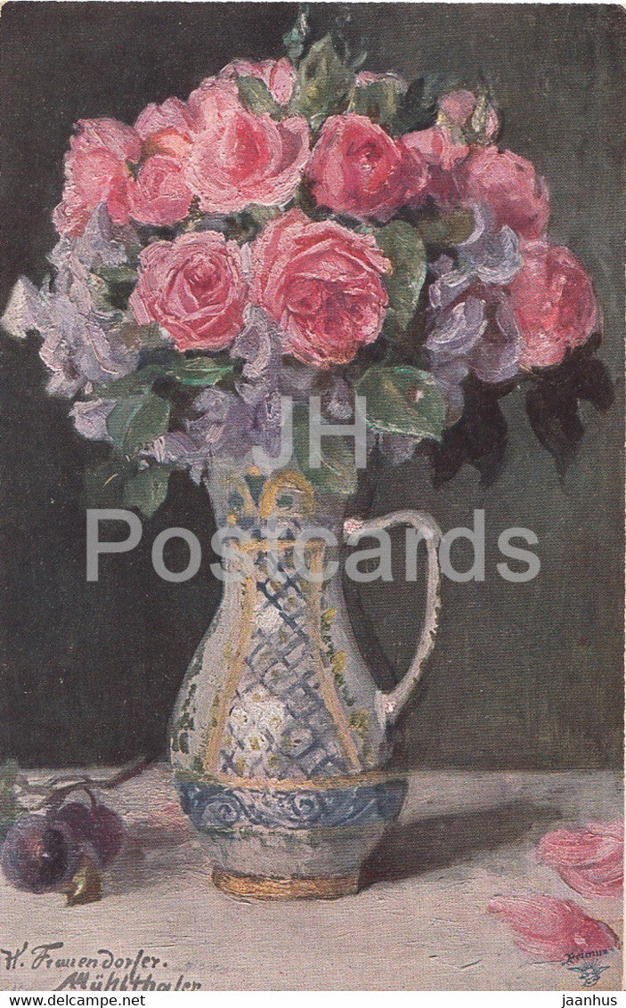 flowers in a vase - roses - Frauendorfer Muhlthaler - illustration - 1179 - old postcard - Germany - unused - JH Postcards