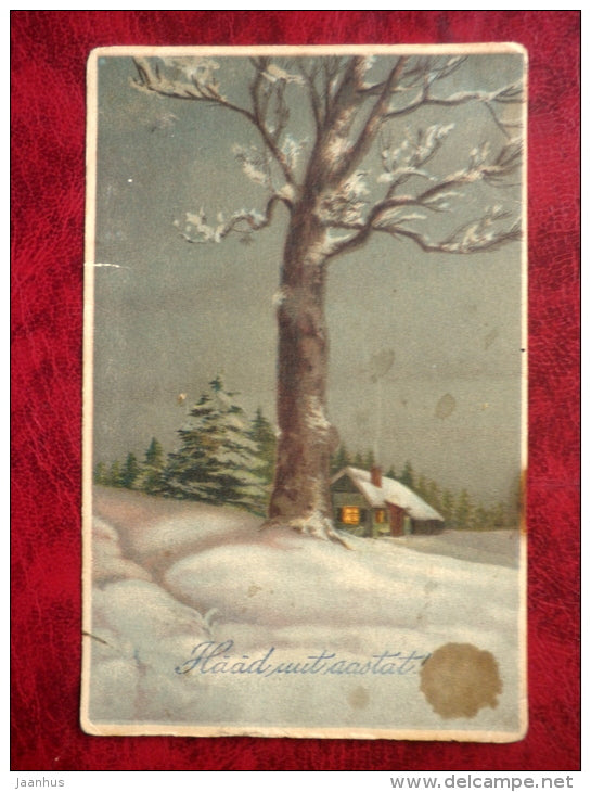 New Year greeting card - house - winter - circulated in 1930 - Estonia - used - JH Postcards