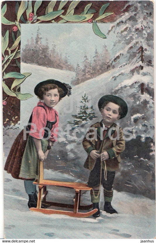 children - girl and boy - winter - sledge - Serie 730 - old postcard - 1909 - Germany - used - JH Postcards