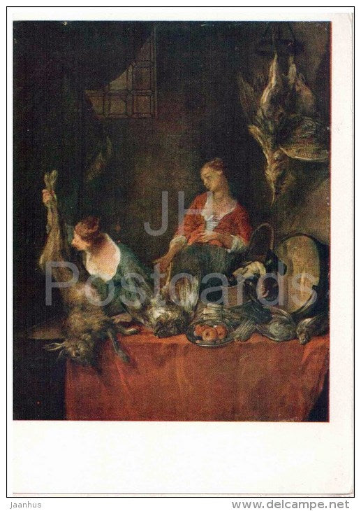 painting by Nicolas Lancret - The Kitchen - women - hare - birds - french art - unused - JH Postcards