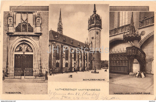 Lutherstadt Wittenberg - Thesentur - Schlosskirche - Kanzel und Luthers Grab -  old postcard - 1930 - Germany - used - JH Postcards