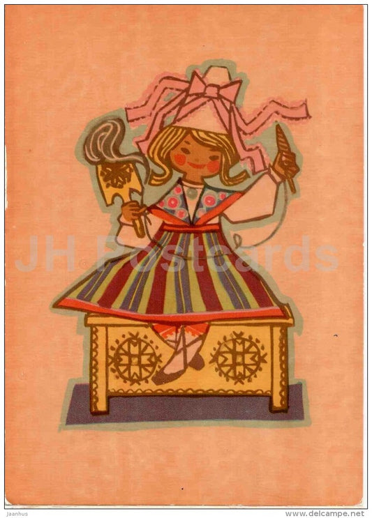 illustration by M. Fuks - girl in Estonian Folk Costumes - National Costume - 1969 - Estonia USSR - used - JH Postcards