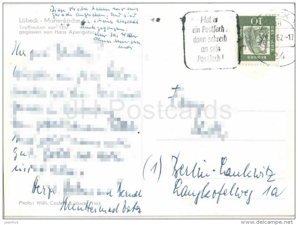 Lübeck - Marienkirche - Taufbecken - Germany - 1962 gelaufen - JH Postcards