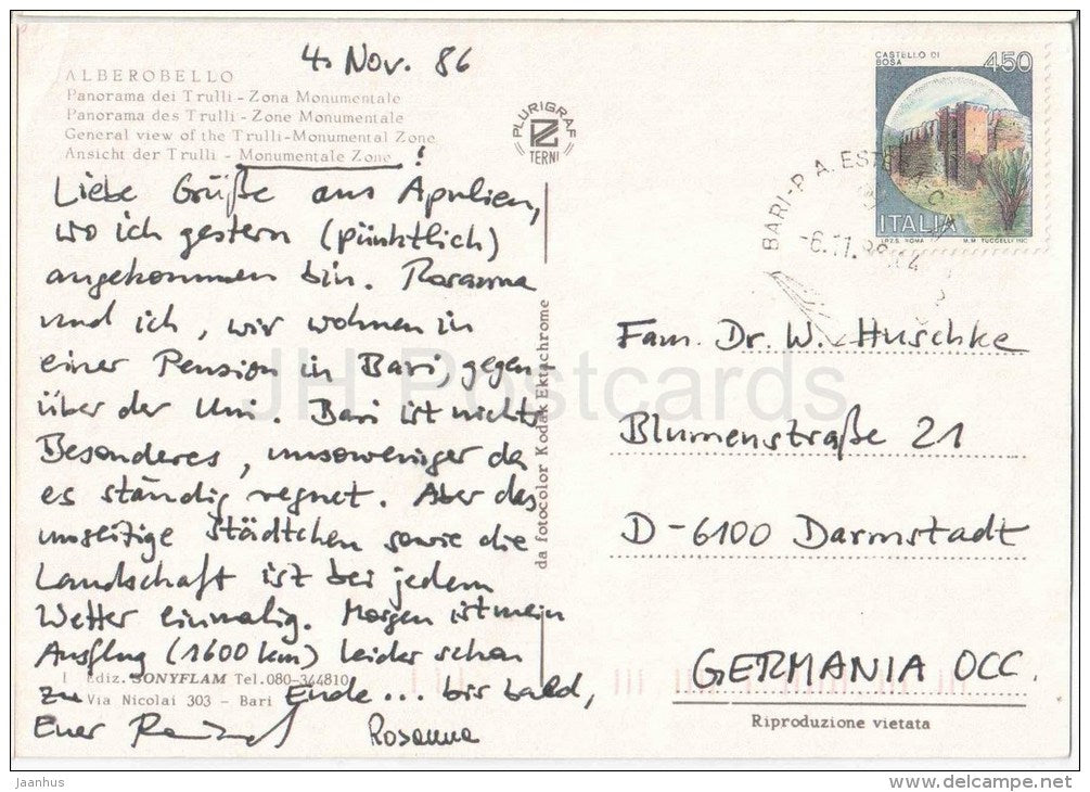 panorama dei Trulli , Zona Monumentale - Alberobello - Bari - Puglia - Italia - Italy - sent from Italy to Germany 1986 - JH Postcards