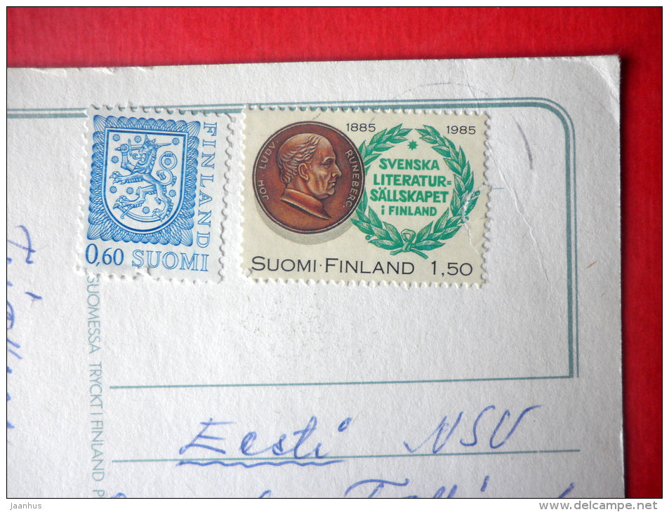 Greeting Card - roses - flowers - literature - coat of arms - 52/2/4 - Finland - sent from Finland to USSR Estonia 1985 - JH Postcards