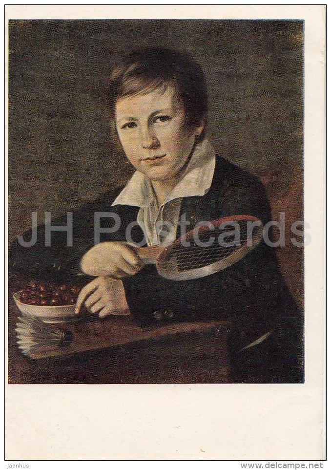 painting by A. Varnek - Portrait of a Boy - badminton racket - Russian art - 1951 - Russia USSR - unused - JH Postcards