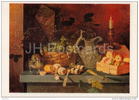 painting by I. Khrutsky - Still Life with Candle - grape - theatre binocular - Russian art - Russia USSR - 1981 - unused - JH Postcards