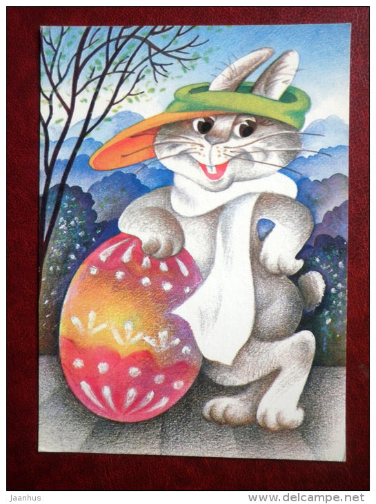 Easter Greeting card - by Ü. Meister - hare - egg - 1990 - Estonia USSR - used - JH Postcards