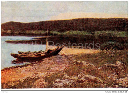 painting by V. Dmitriyevsky - Silence - boat - russian art - unused - JH Postcards