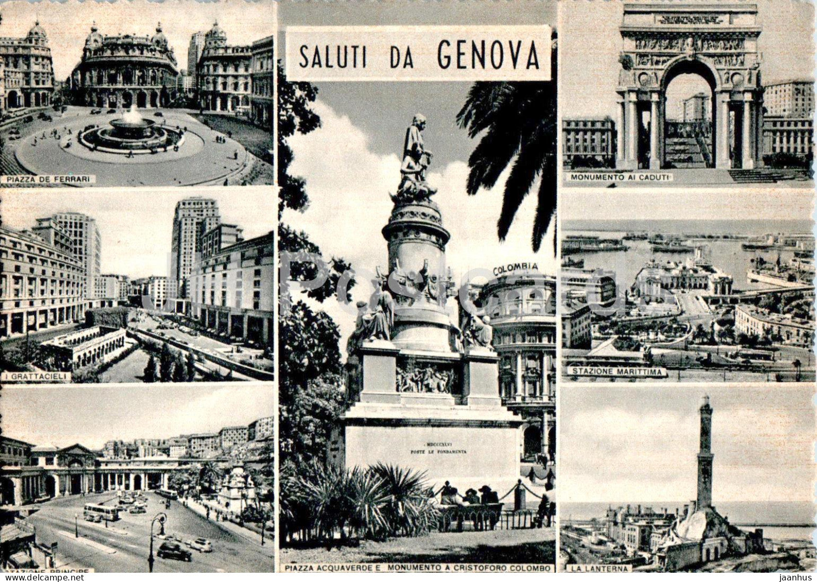 Saluti da Genova - Piazza de Ferrari - Grattacelli - Stazione Marittima - multiview - Italy - unused - JH Postcards