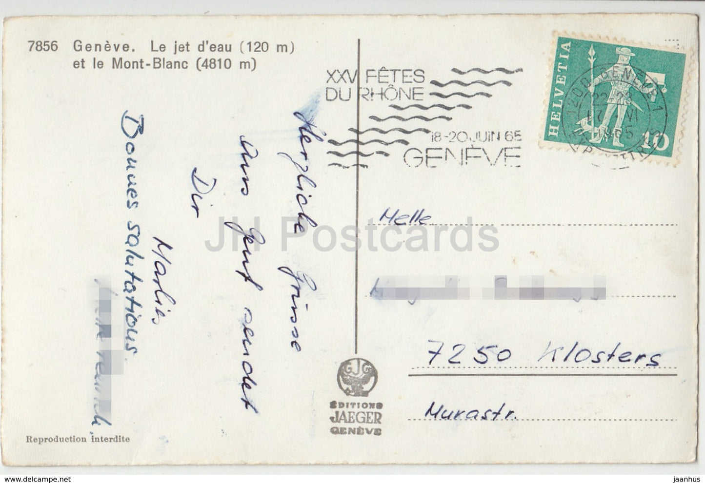 Geneve - Geneva - Le Jet d'Eau et le Mont-Blanc - 7856 - Switzerland - 1965 - used