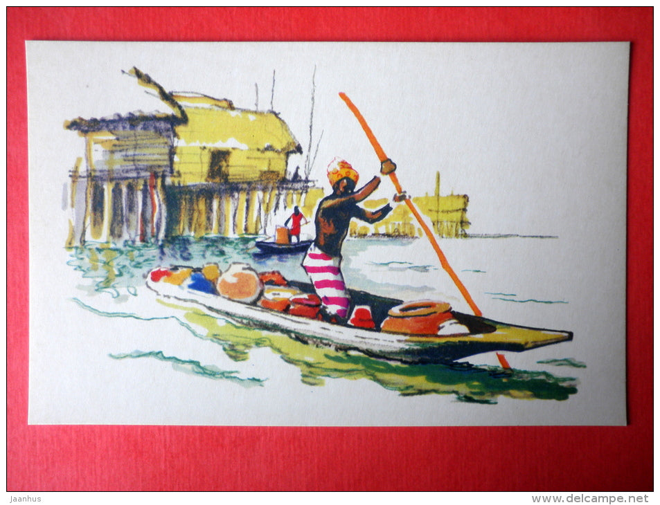 illustration by P. Pavlinov - Dahomey pirogue - Africa - Boats of the World - 1971 - Russia USSR - unused - JH Postcards