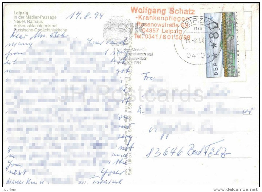 Leipzig - In der Mädler-Passage - Neues Rathaus - Völkerschlachtdenkmal - Germany - 1994 gelaufen - JH Postcards