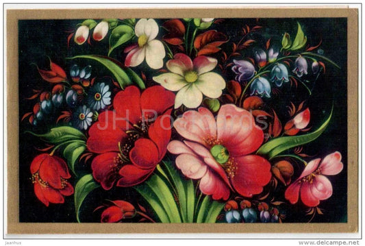 fragment of decorative art on a tray - flowers - russian art - unused - JH Postcards