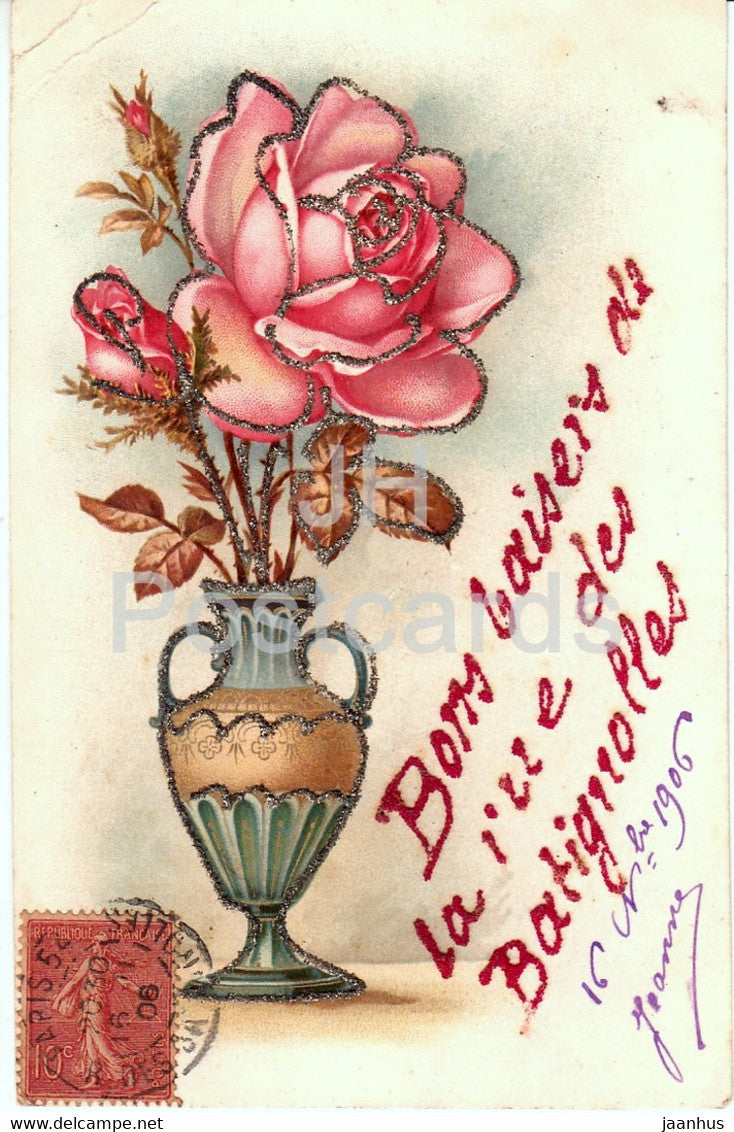 Birthday Greeting Card - red rose in a vase - 2783 - illustration - old postcard - 1906 - France - used - JH Postcards