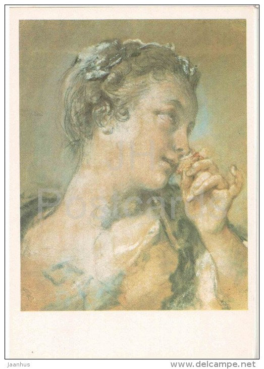 painting by Francois Boucher - Young Girl with a Rose - french art - unused - JH Postcards