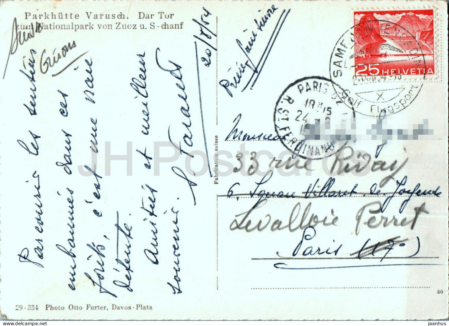 Parkhutte Varusch - Dar Tor zum Nationalpark von Zuoz u S-chanf - 334 - alte Postkarte - 1954 - Schweiz - gebraucht