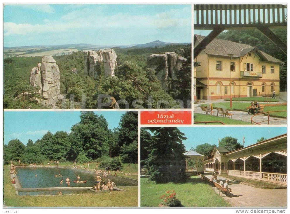 Lazne Sedmihorky - spa - swimming pool - colonnade - rocks - Czechoslovakia - Czech - used - JH Postcards