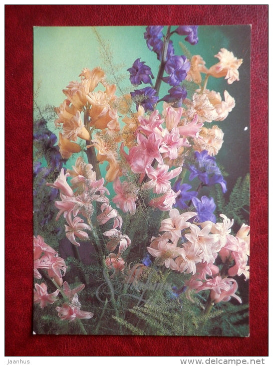 8 March Greeting Card - blue and pink  flowers - 1987 - Russia USSR - used - JH Postcards