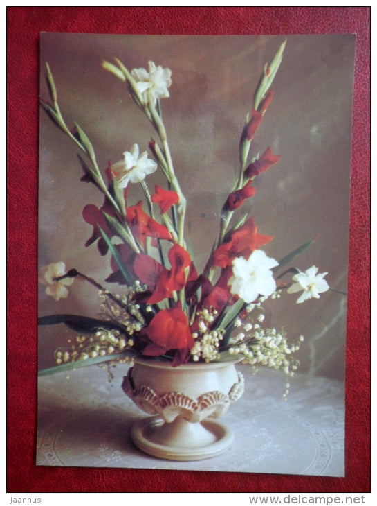 white gladiolus - narcissus - lily of  the valley - flowers - 1981 - Latvia USSR - unused - JH Postcards