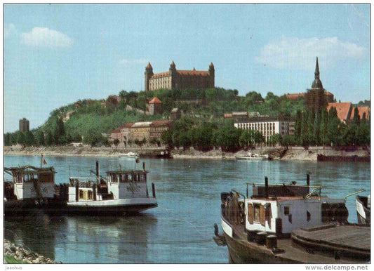 Bratislava - castle view - boats - Danube river - Czechoslovakia - Slovakia - used 1972 - JH Postcards