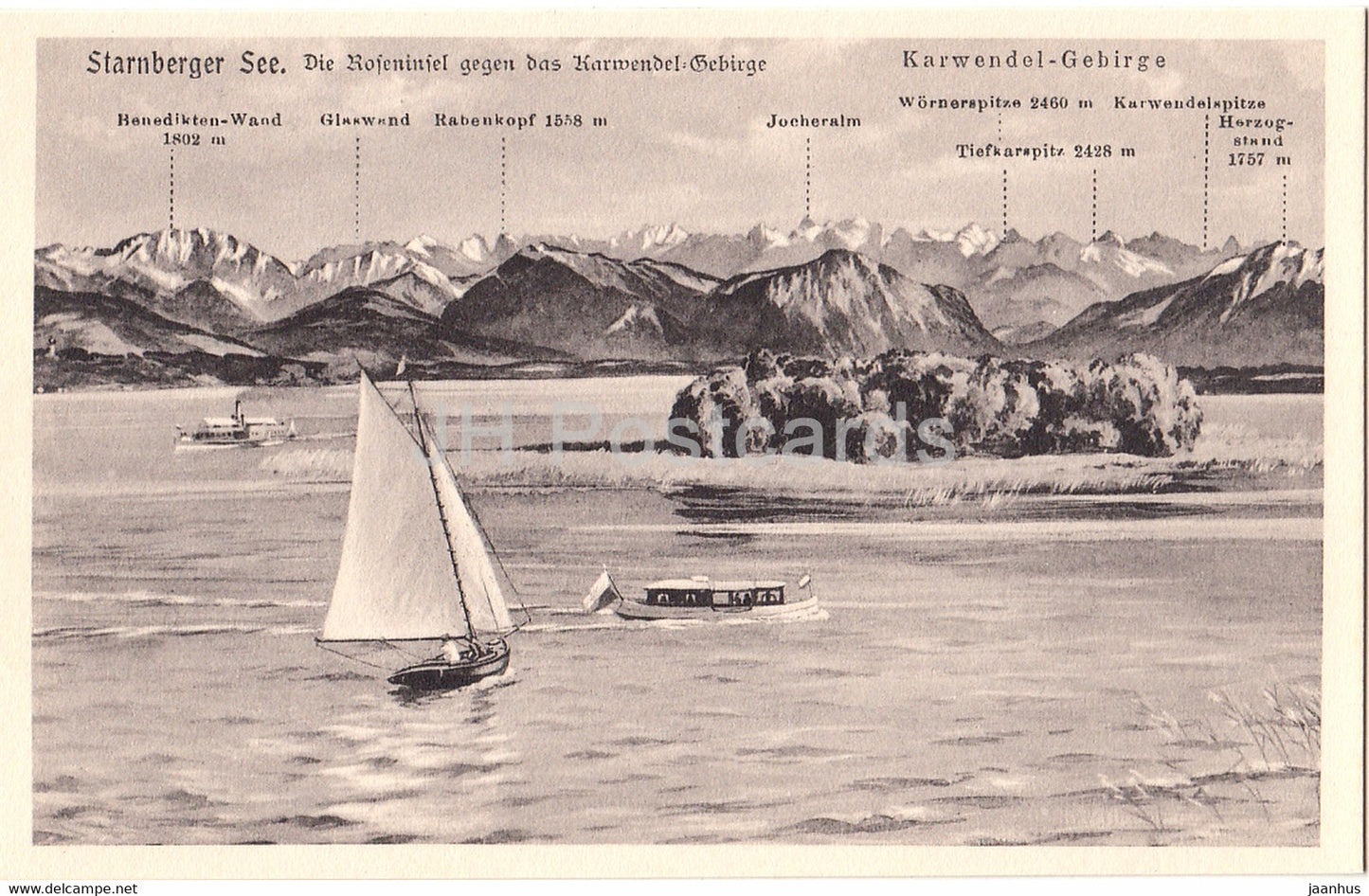 Starnberger See - Die Roseninsel gegen das Karwendel Gebirge - 18 - boat - old postcard - Germany - unused - JH Postcards