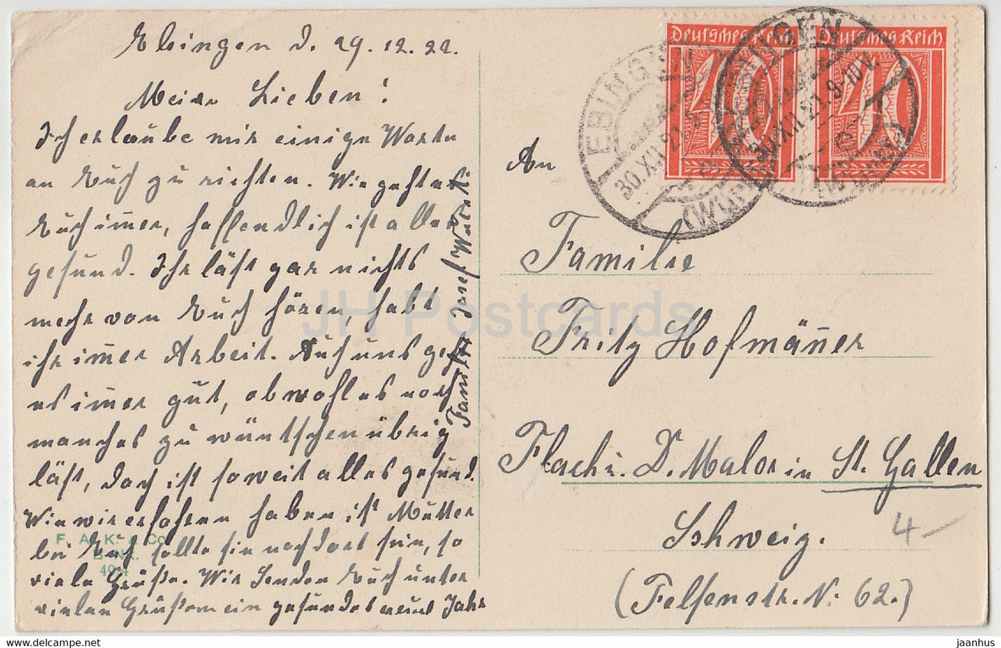 Carte de vœux du Nouvel An - Gluckliches Neujahr - cerf - illustration signée - 4974 - carte postale ancienne - 1921 - Allemagne - utilisé