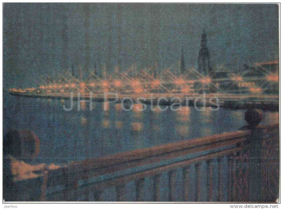 Komsomol Embankment - Daugava river - Riga by Night - old postcard - Latvia USSR - unused - JH Postcards