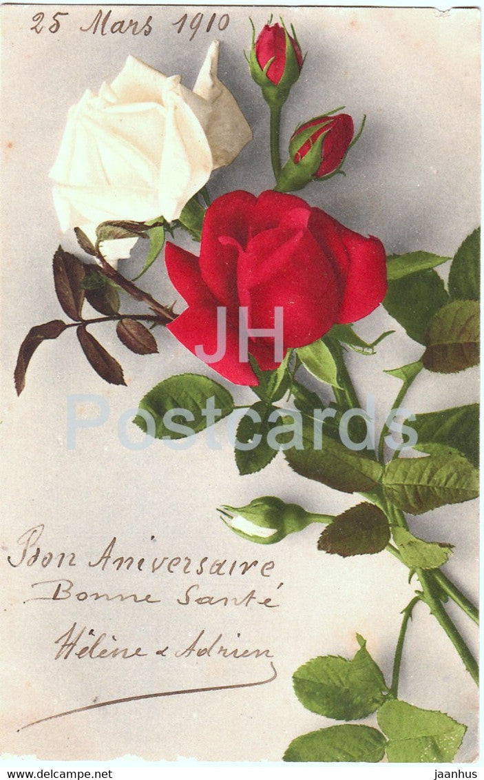 flowers - roses - old postcard - 1910 - France - used - JH Postcards