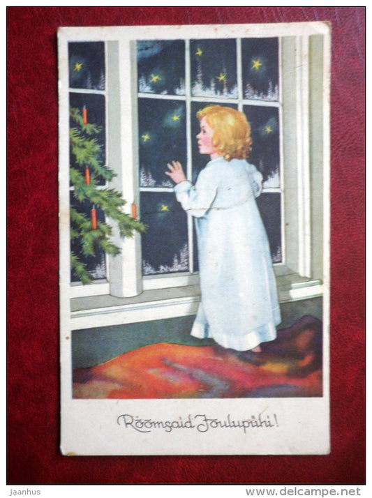 Christmas Greeting Card - child in bed - stars - HM - circulated in Estonia 1938 , Tallinn-Sadam - Estonia - used - JH Postcards