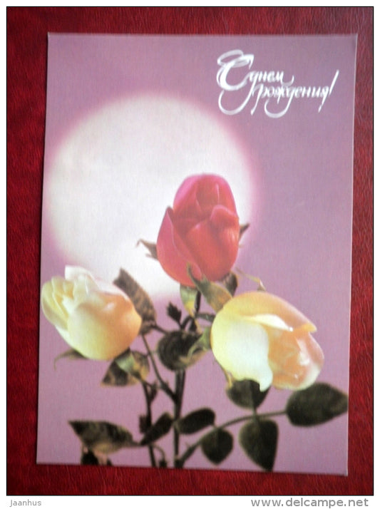 Birthday Greeting Card - white and red roses - flowers - 1987 - Russia USSR - used - JH Postcards