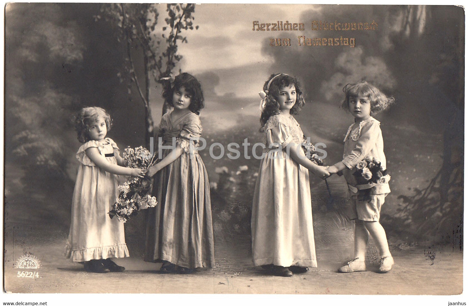 Greeting Card - Herzlichen Gluckwunsch zum Namenstage - children - 5622/4 - old postcard - 1914 - Germany - used - JH Postcards