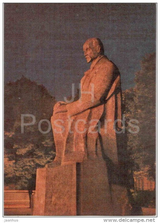 monument to national poet Rainis - Riga by Night - old postcard - Latvia USSR - unused - JH Postcards