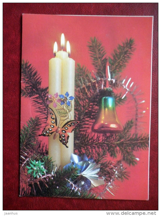 New Year Greeting Card - candles - decorations - butterfly - 1991 - Russia USSR - used - JH Postcards