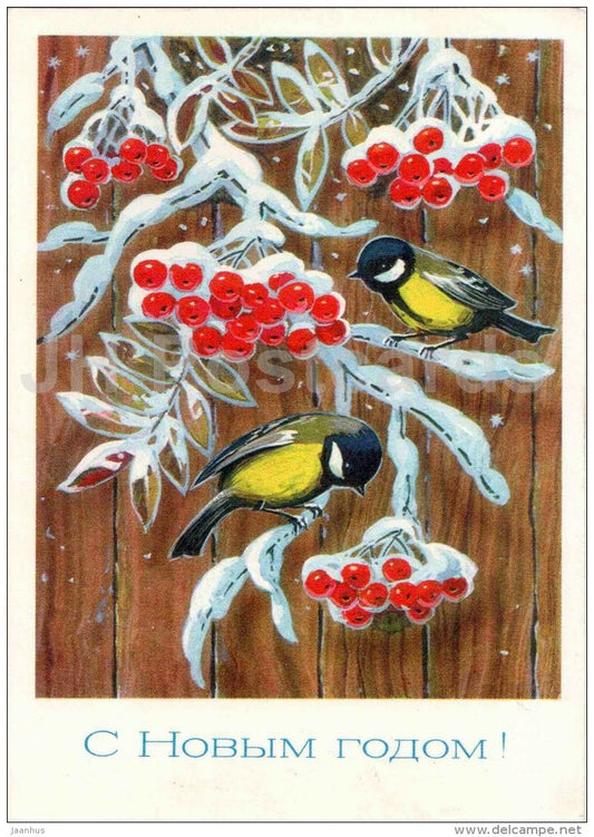 New Year Greeting card by L. Kuznetsov - tits - birds - rowan berries - postal stationery - 1976 - Russia USSR - used - JH Postcards