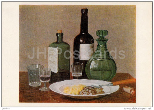 painting by Volkov - Bottles , Cheese , Fork , Matches - Still Life - Russian art - Russia USSR - 1981 - unused - JH Postcards