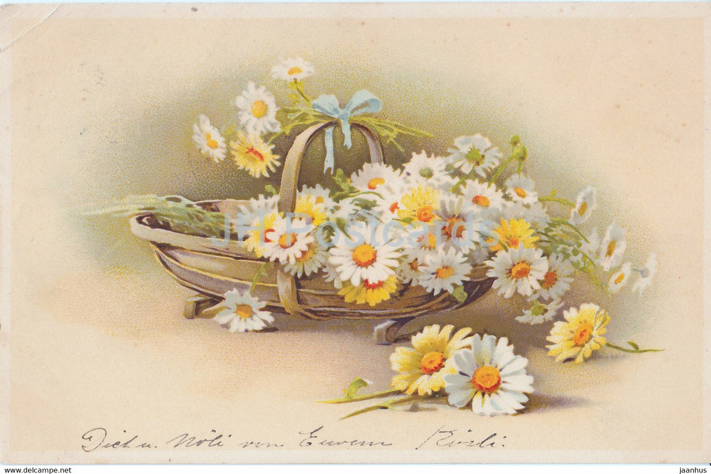 flowers in a basket - illustration - Meissner & Buch - old postcard - Germany - used - JH Postcards