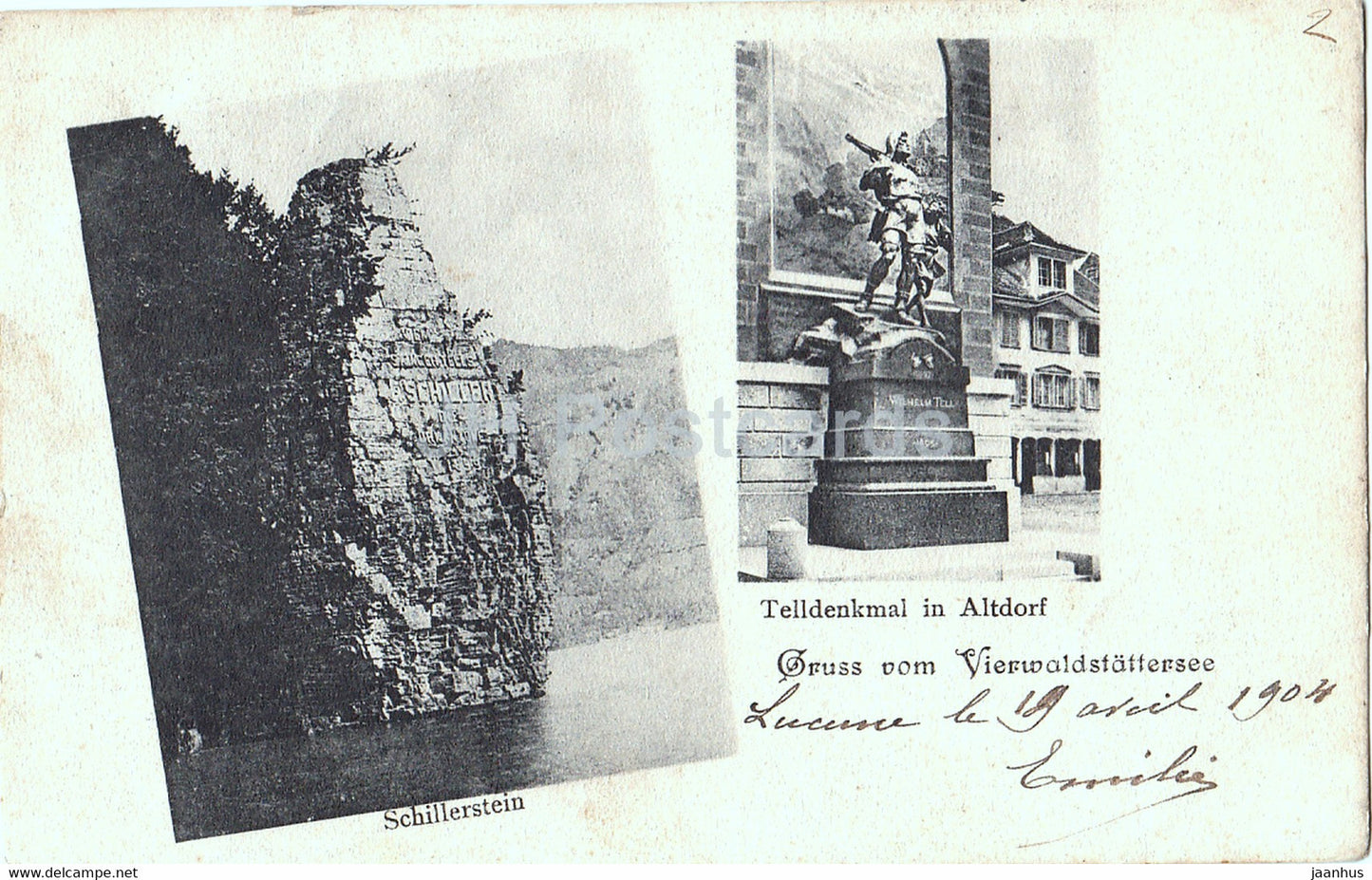 Gruss von Vierwaldstattersee - Schillerstein - Telldenkmal in Altdorf - old postcard - 1904 - Switzerland - used - JH Postcards