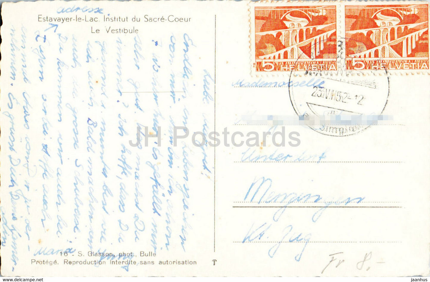 Estavayer le Lac - Institut du Sacre Coeur - Le Vestibule - old postcard - 1952 - Switzerland - used