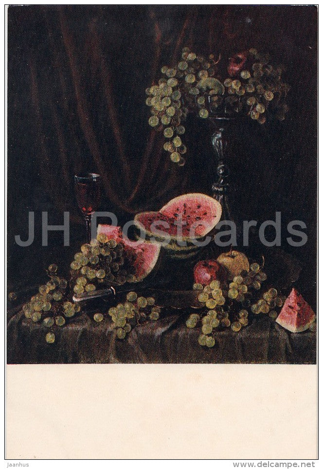 painting by S. Malyutin - Grapes and Watermelon - Still Life - Russian art - 1954 - Russia USSR - unused - JH Postcards