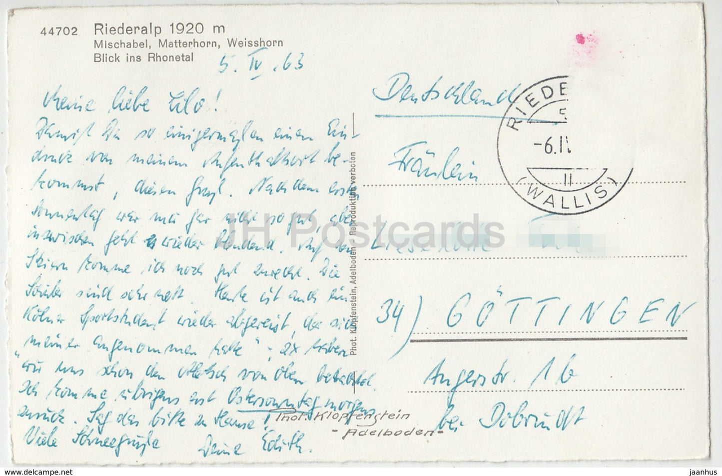 Riederalp 1920 m - Mischabel - Matterhorn - Weisshorn - Rhonetal - 44702 - Switzerland - 1963 - used